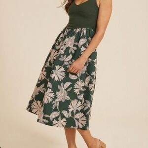 Maurices Drop Waist Forest Green And Beige Leaf Patterned Midi Dress Size M